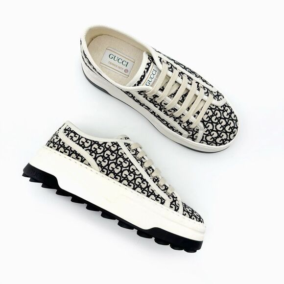 GUCCI Black White GG Jacquard Canvas 1977 Platform Sneakers Size 37 Low Top - Picture 1 of 13
